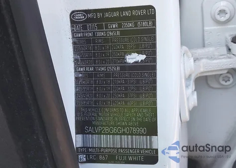 2016 Land Rover Range Rover Evoque Se/Se Premium z USA, uszkodzony, nr VIN SALVP2BG6GH078990